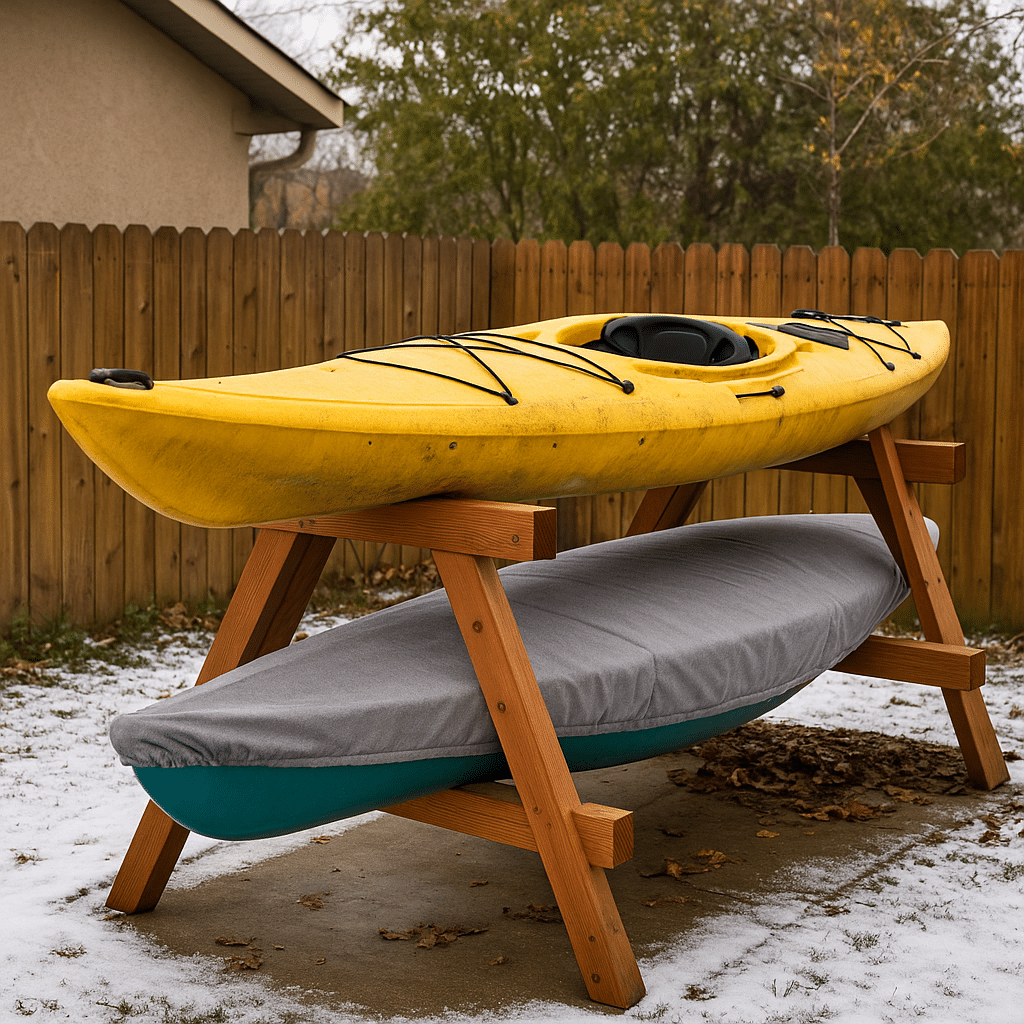 Kayak winter storage Illinois showing covered kayaks stacked on wooden rack in snow-dusted backyard