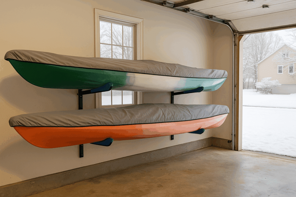 Kayak winter storage Illinois garage with two covered kayaks on wall-mounted padded racks beside open door showing snow outside