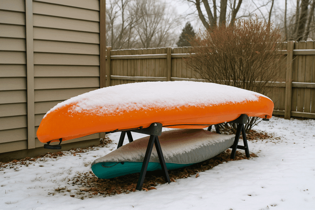 Kayak winter storage Illinois with two kayaks on padded stands beside a shed under light snow